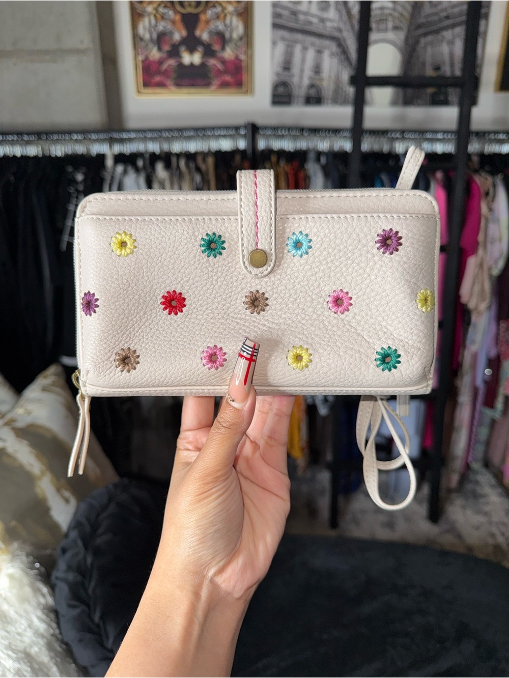 The Sak Iris Embroidered Floral Leather Smartphone Crossbody Wallet Cream New